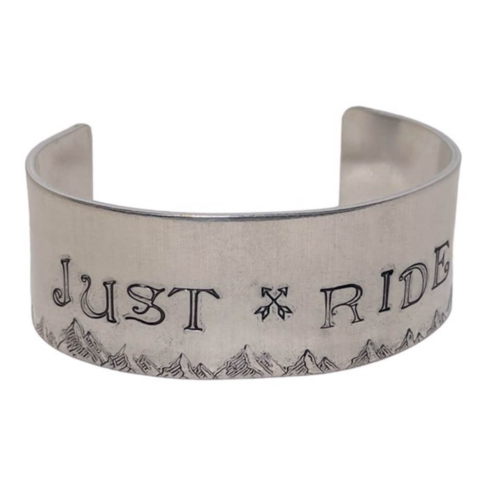 Handmade stamped “Just Ride” mountain silver hypoallergenic wide‎ cuff bracelet
